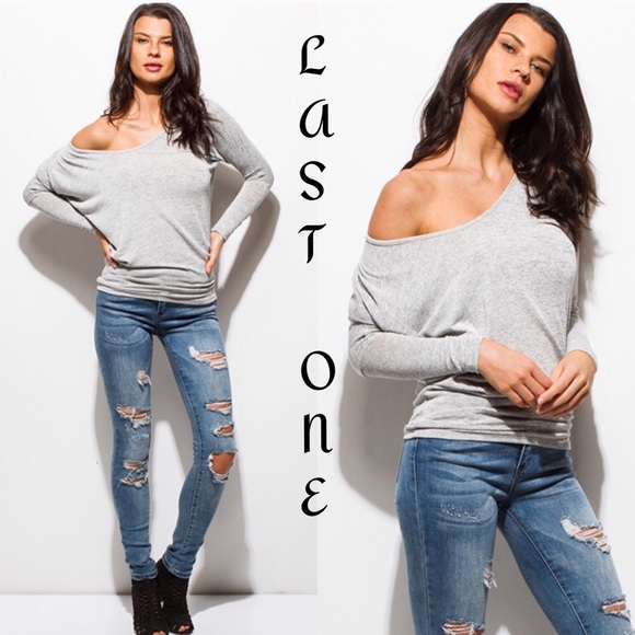 The O Boutique Tops - 🎉CLEARANCE🎉 Gray Off-Shoulder Dolman Sweater Top